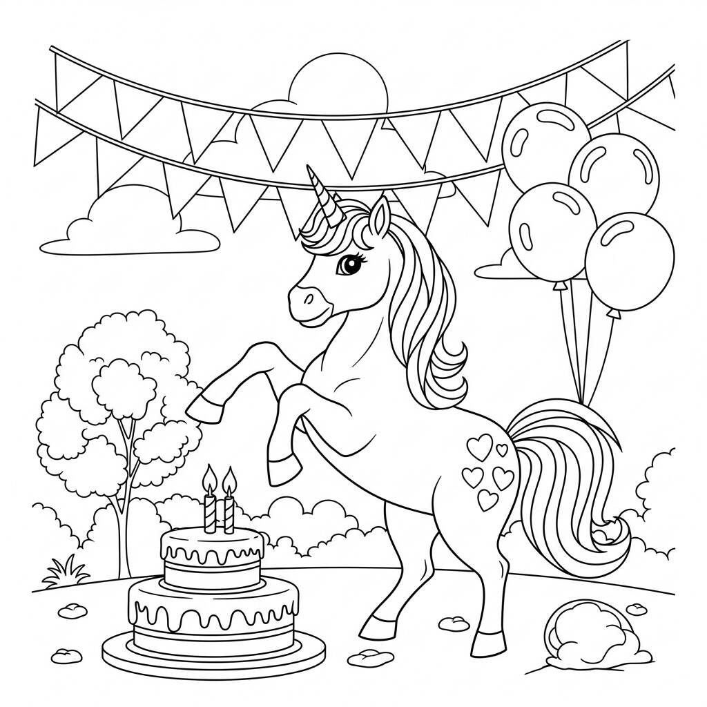 Unicornio e Bolo de Aniversario (Desenho para Colorir)
