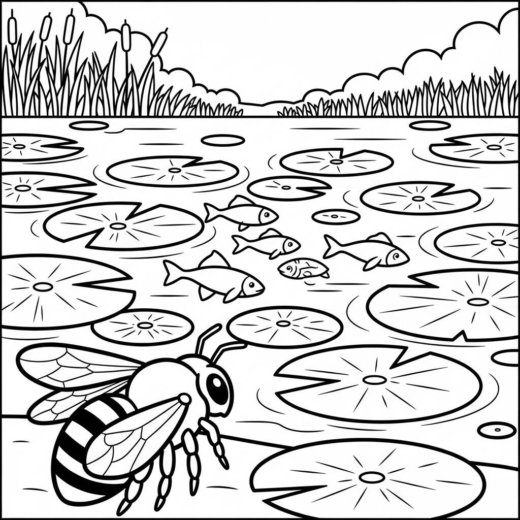 Abelha e Peixes (Desenho para Colorir)