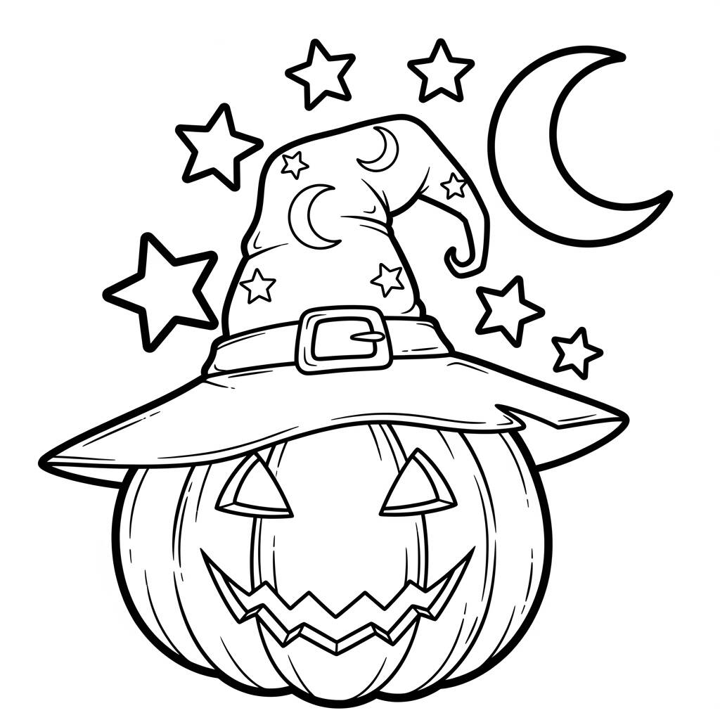 Abobora com Chapeu de Bruxa (Desenho para Colorir)