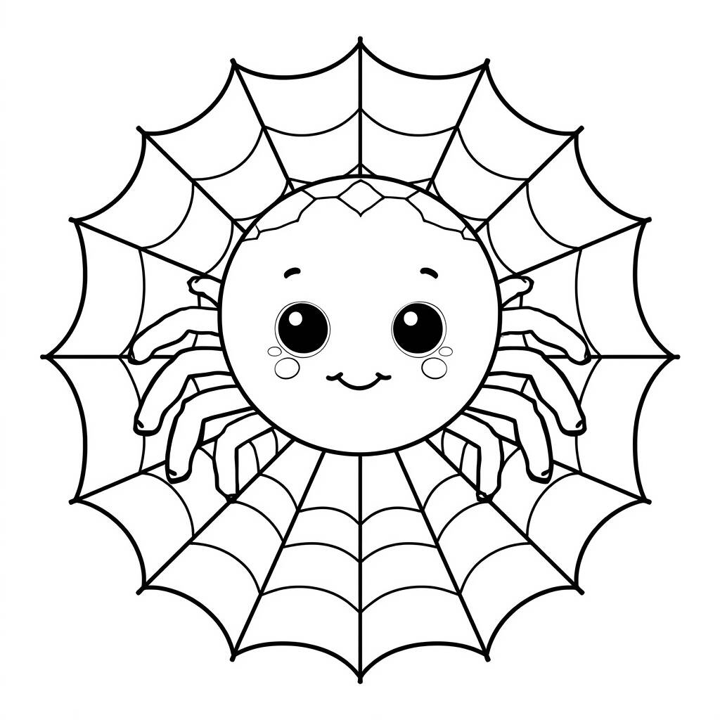 Aranha Kawaii na Teia (Desenho para Colorir)