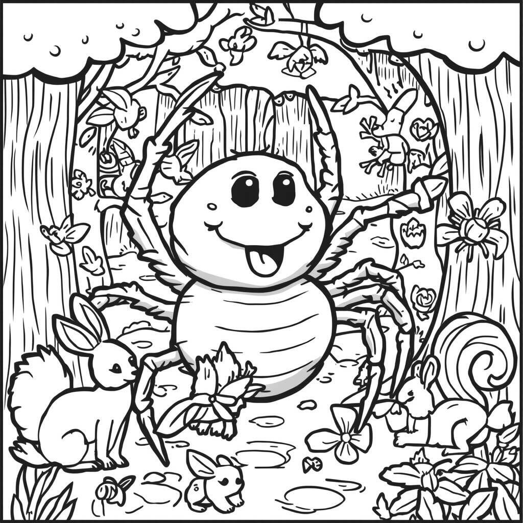 Aranha com Amigos da Floresta (Desenho para Colorir)