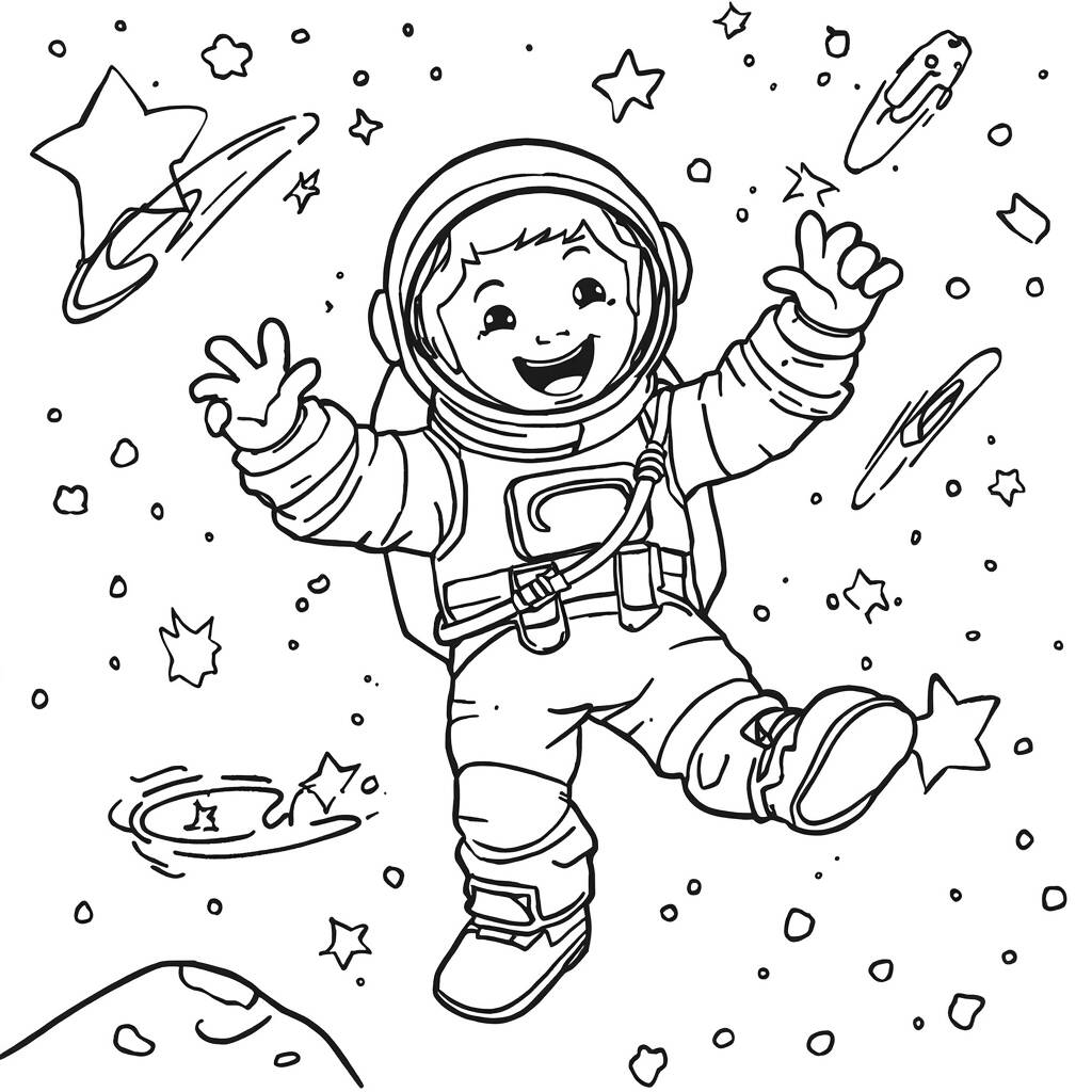 Astronauta Brincando com Estrelas (Desenho para Colorir)