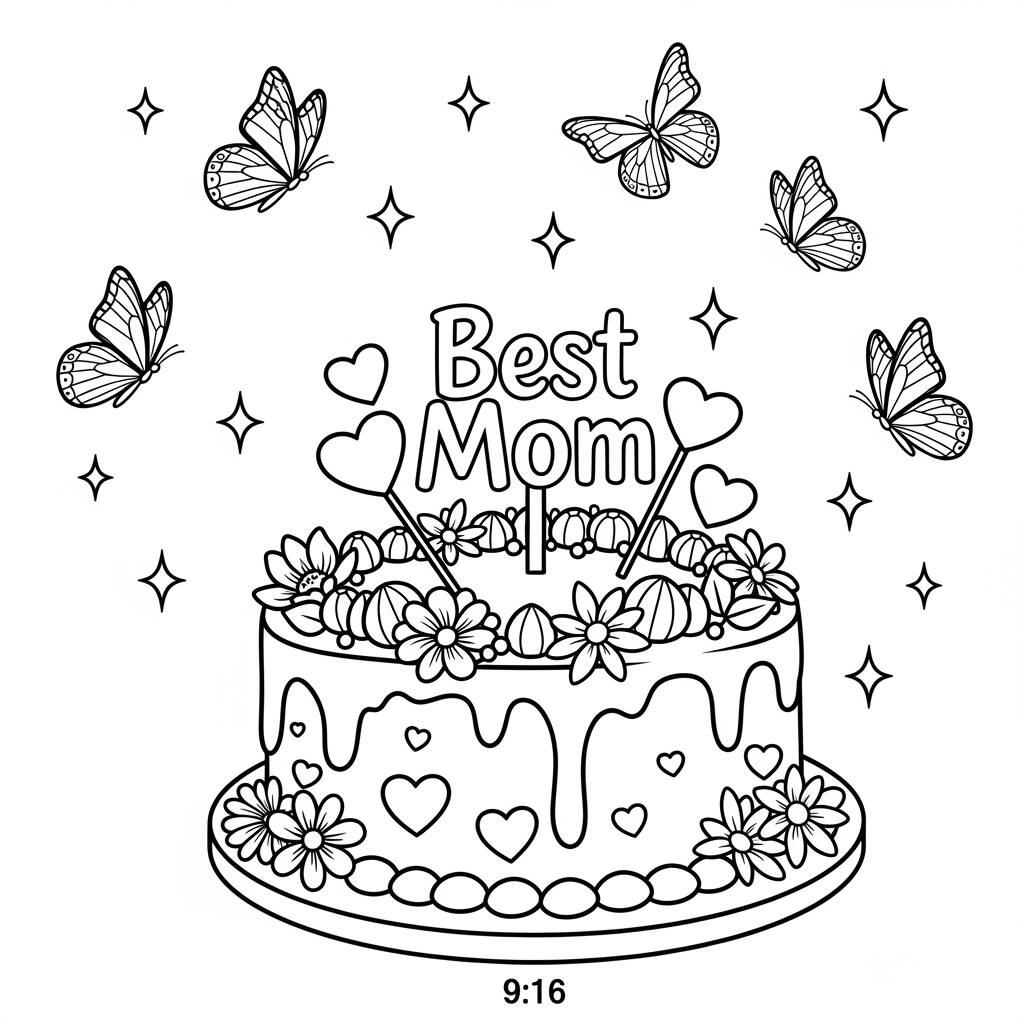 Bolo de Dia das Maes (Desenho para Colorir)