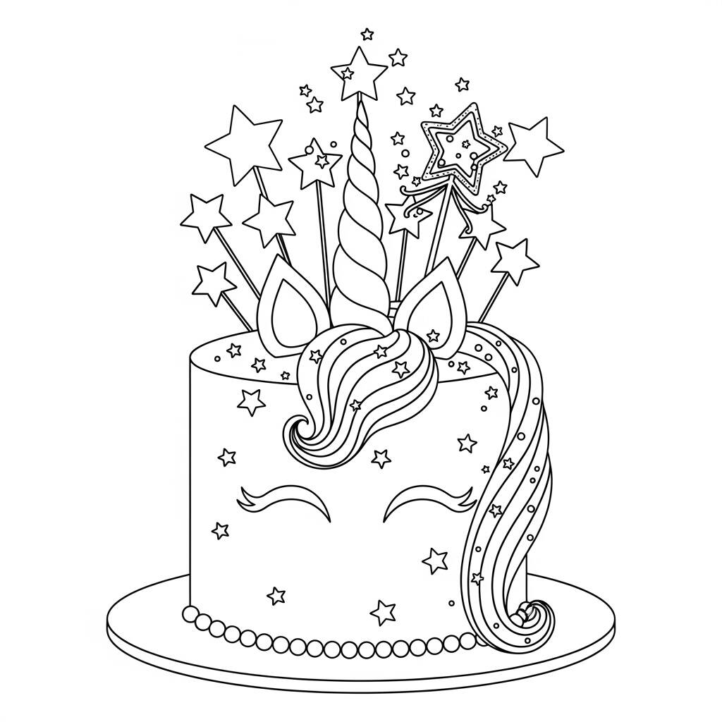 Bolo de Unicornio Encantado (Desenho para Colorir)