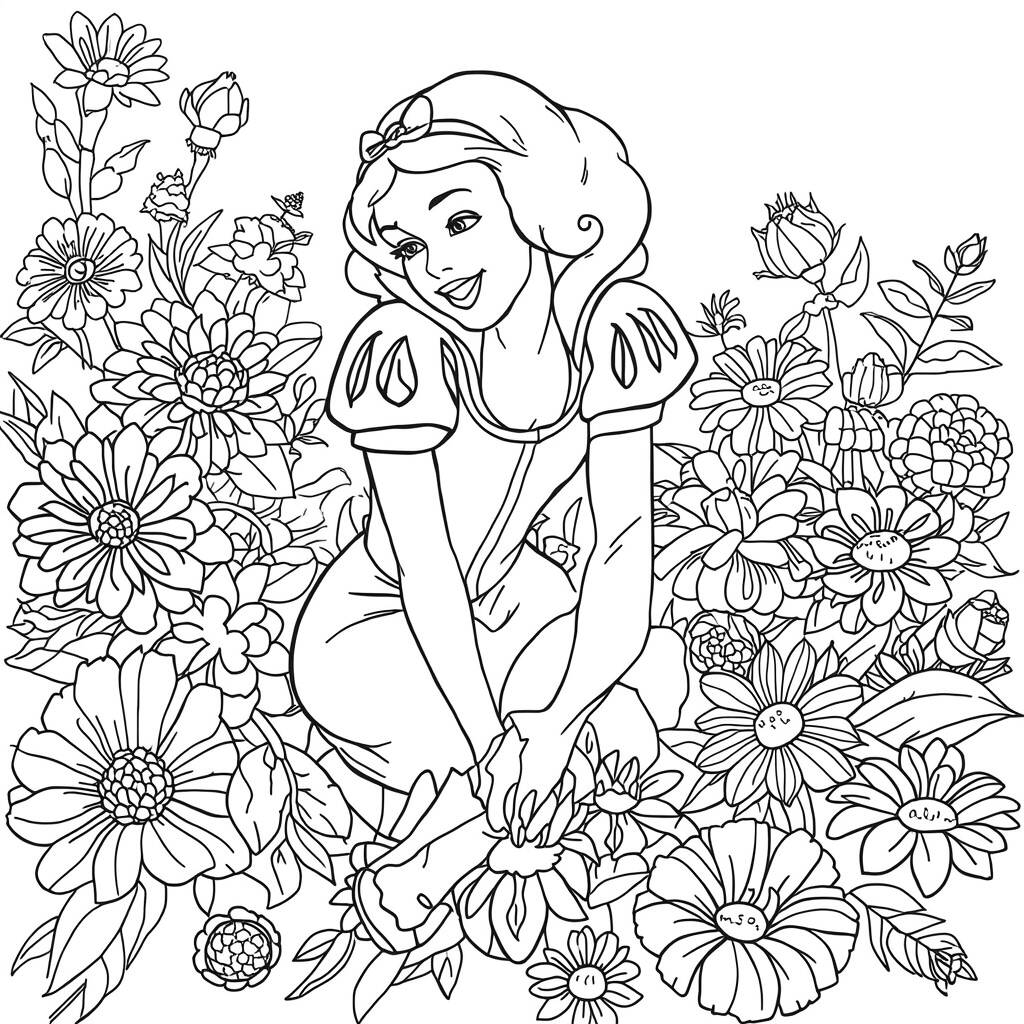 Branca de Neve e Flores (Desenho para Colorir)