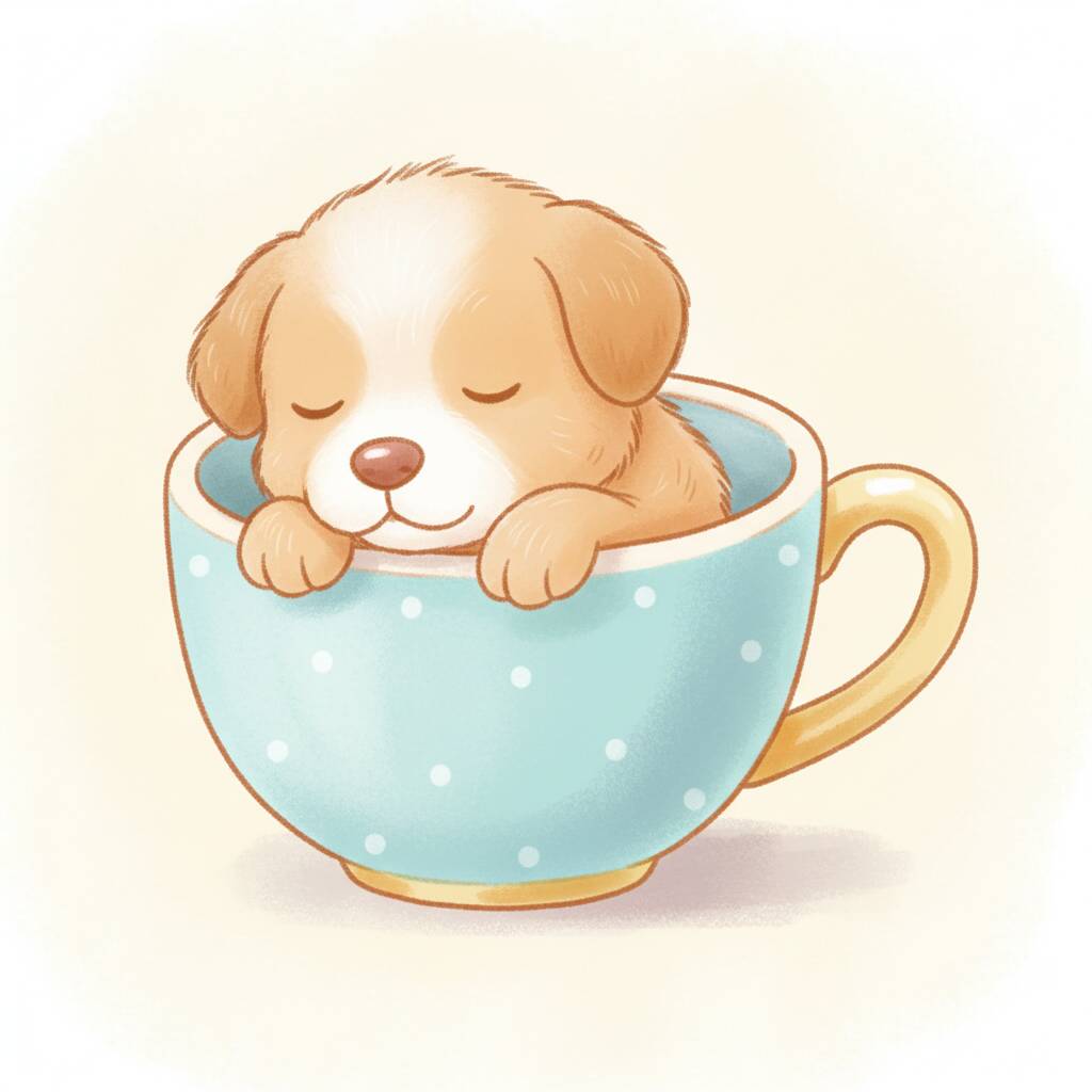 Cachorro fofo dormindo em uma xícara azul com bolinhas