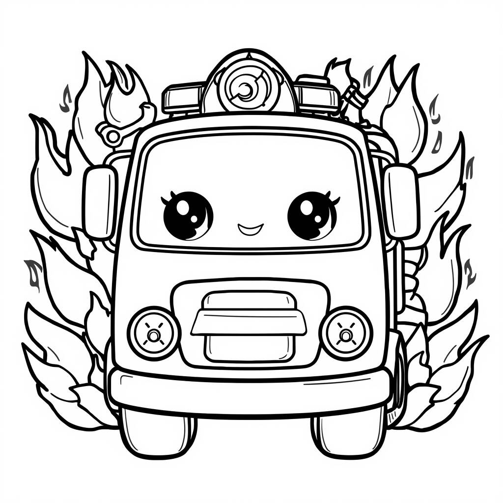 Caminhao de Bombeiro Kawaii (Desenho para Colorir)