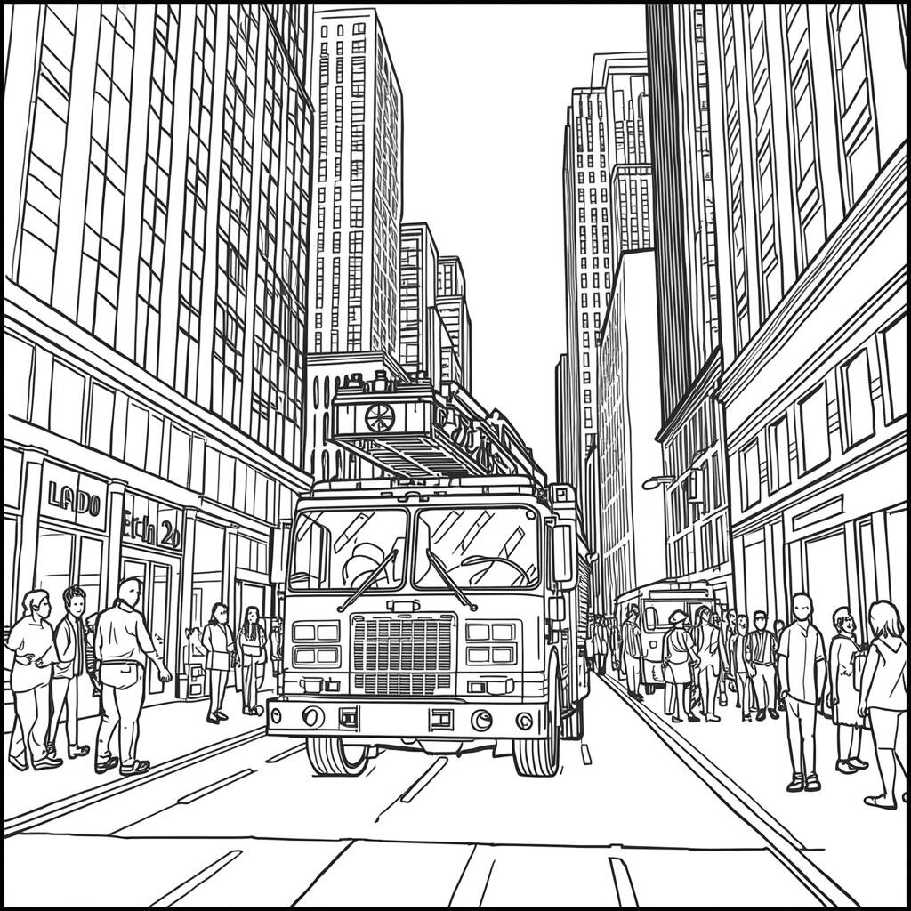 Caminhao de Bombeiro e Cidade (Desenho para Colorir)