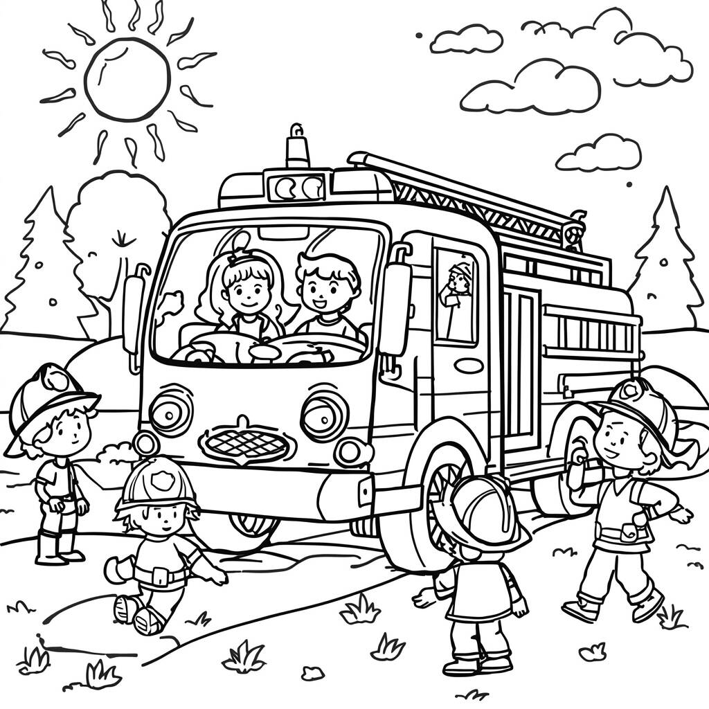 Caminhao de Bombeiro e Criancas (Desenho para Colorir)