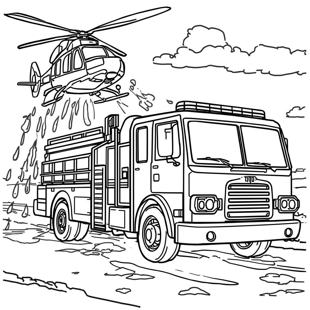 Caminhao de Bombeiro e Helicoptero (Desenho para Colorir)