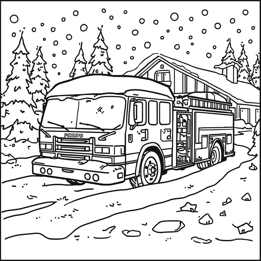 Caminhao de Bombeiro e Neve (Desenho para Colorir)