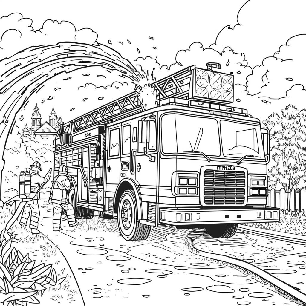 Caminhao de Bombeiro em Acao (Desenho para Colorir)