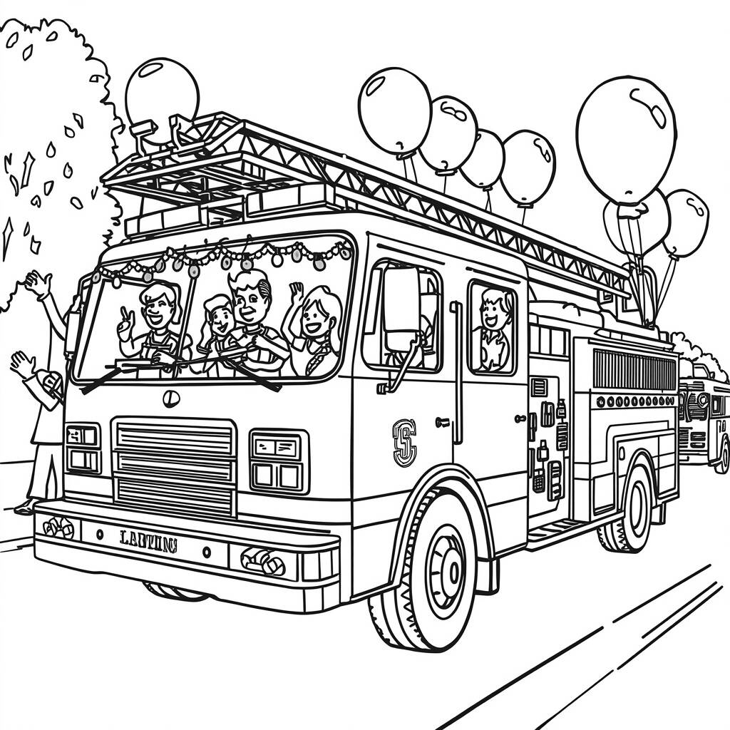 Caminhao de Bombeiro em Festa (Desenho para Colorir)