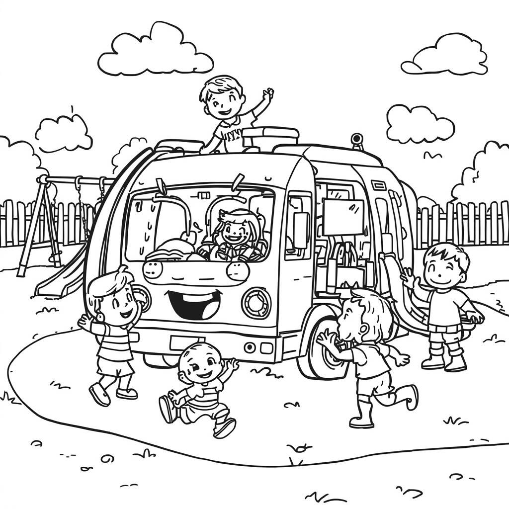 Caminhao de Lixo e Criancas Brincando (Desenho para Colorir)