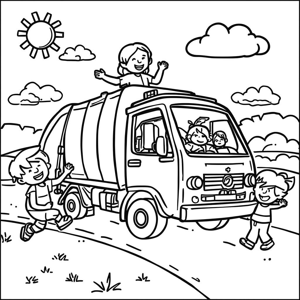 Caminhao de Lixo e Criancas (Desenho para Colorir)