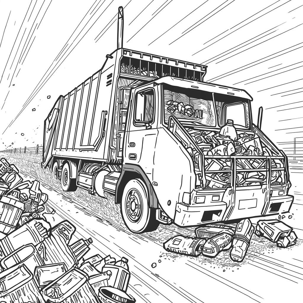 Caminhao de Lixo em Acao (Desenho para Colorir)
