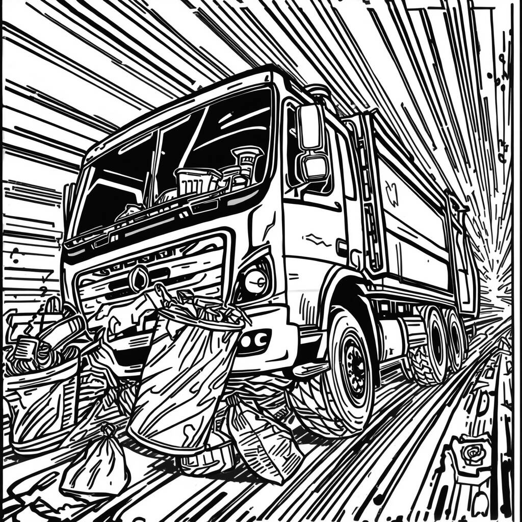 Caminhao de Lixo em Acao (Desenho para Colorir)