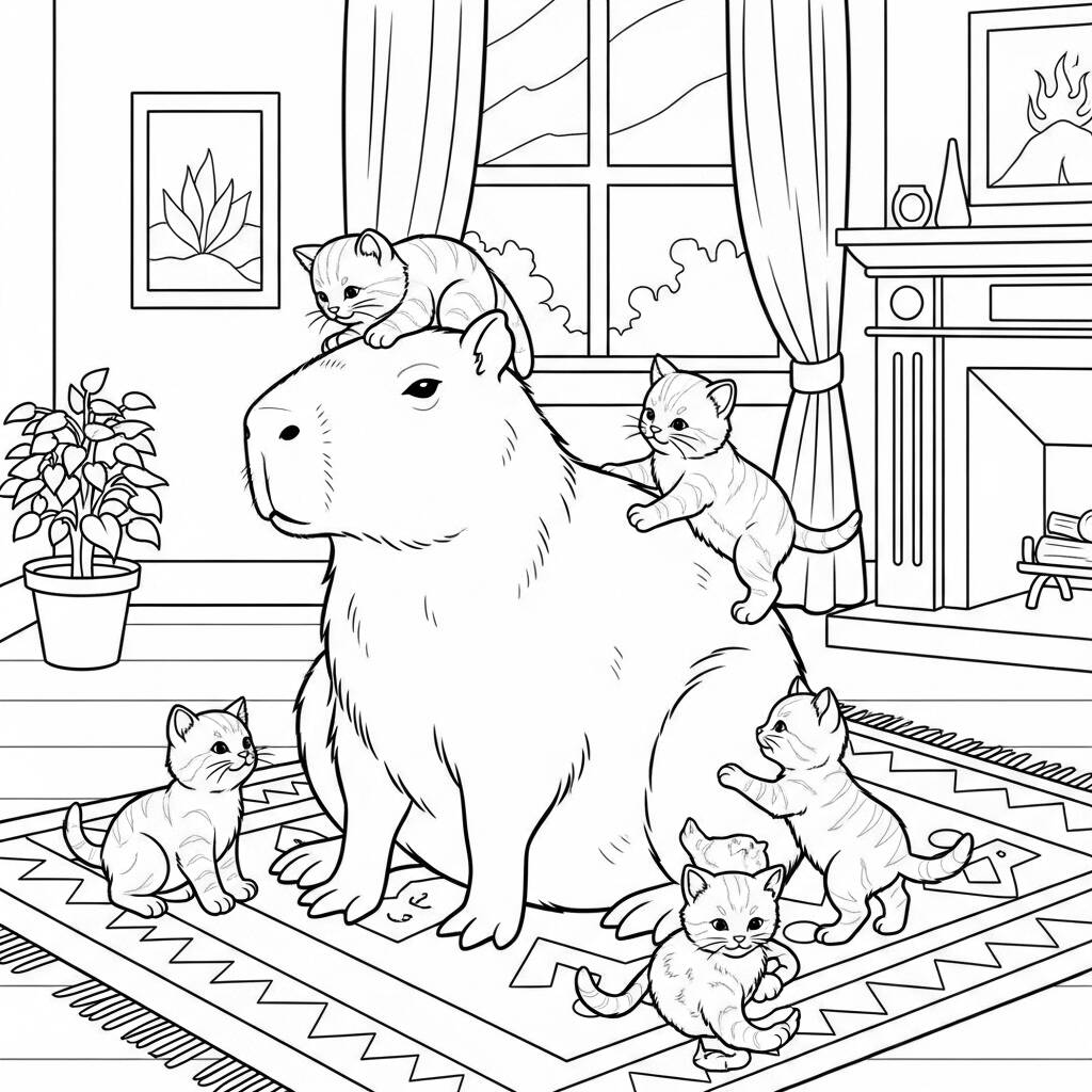 Capivara e Gatos (Desenho para Colorir)