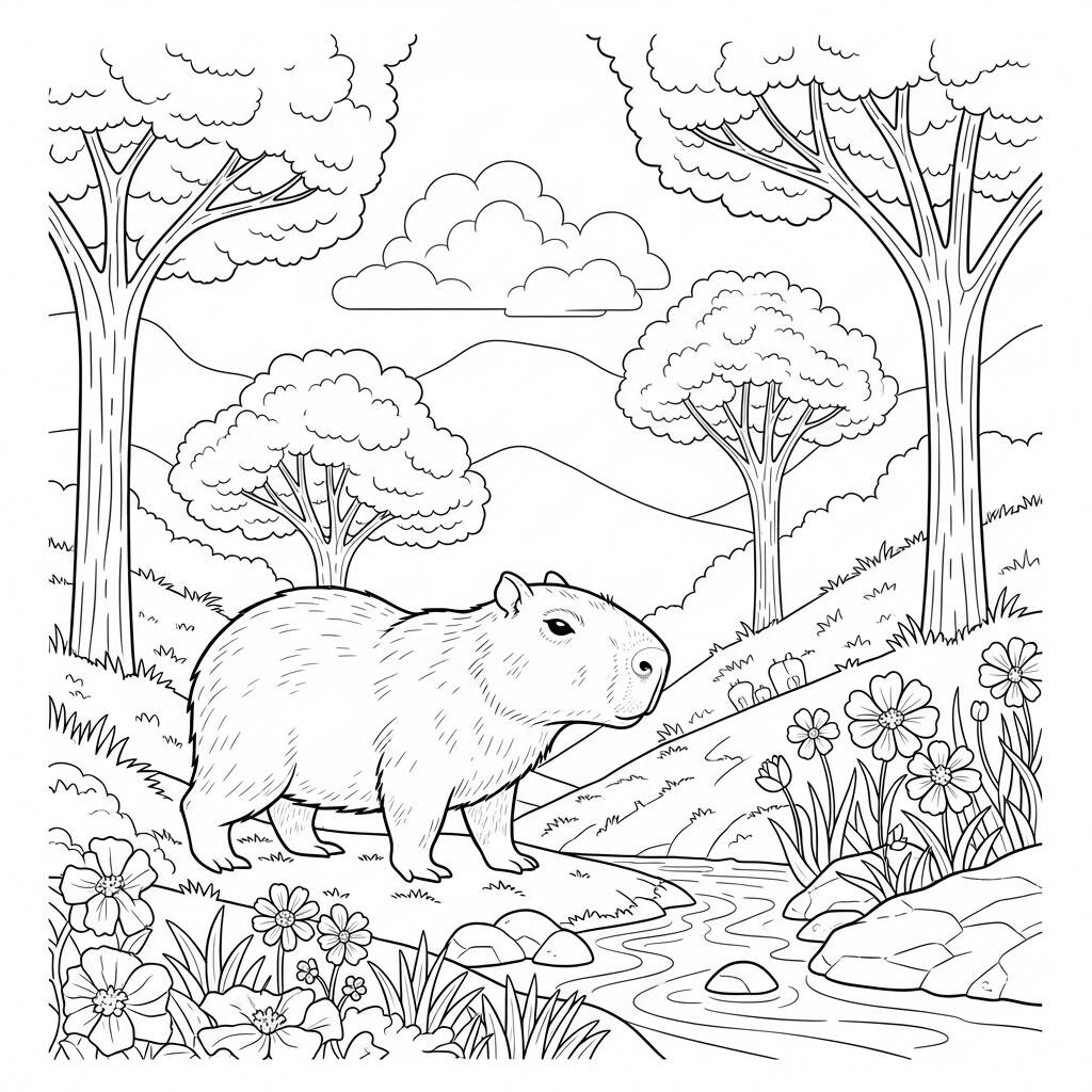 Capivara e Natureza (Desenho para Colorir)