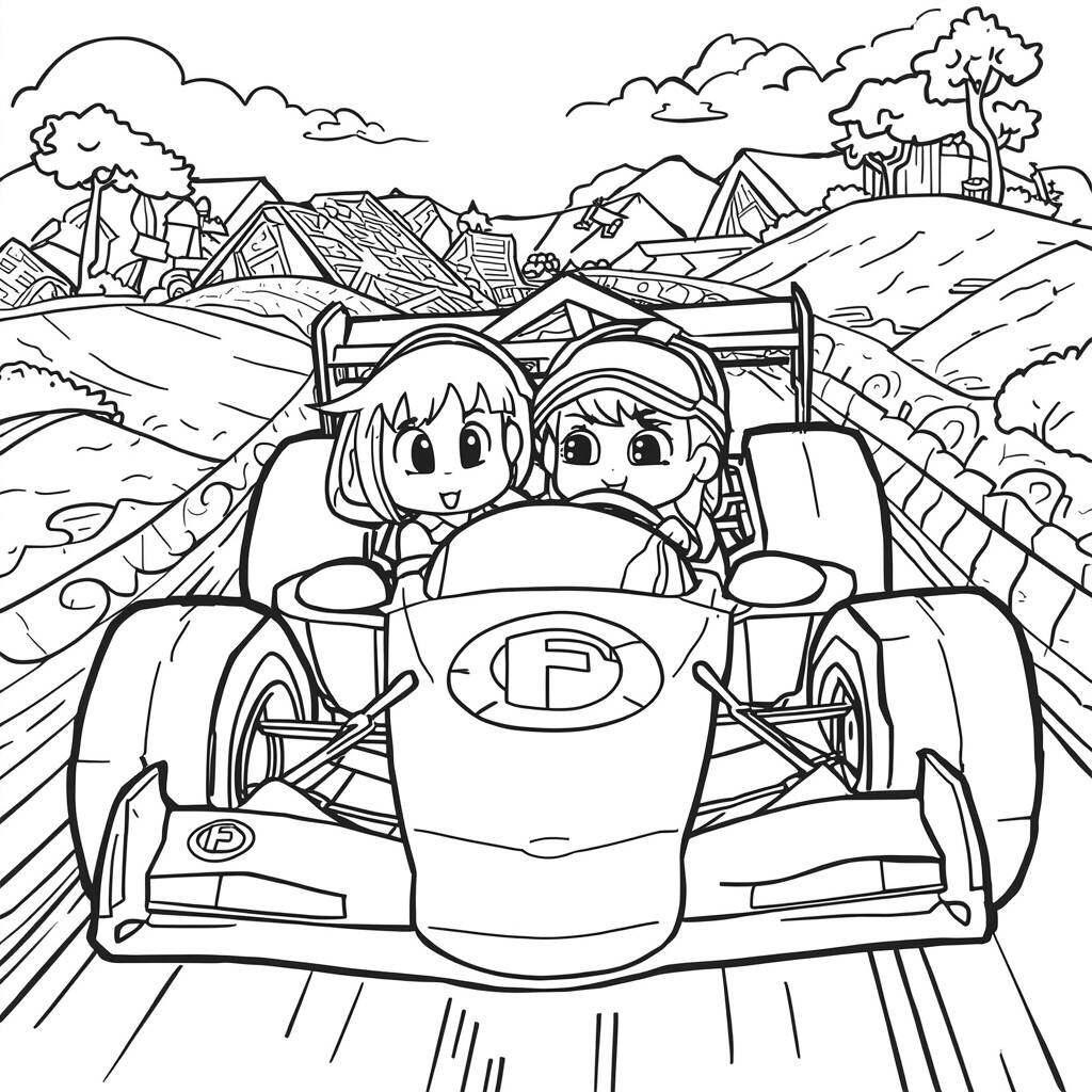 Carro de corrida com personagens (Desenho para Colorir)