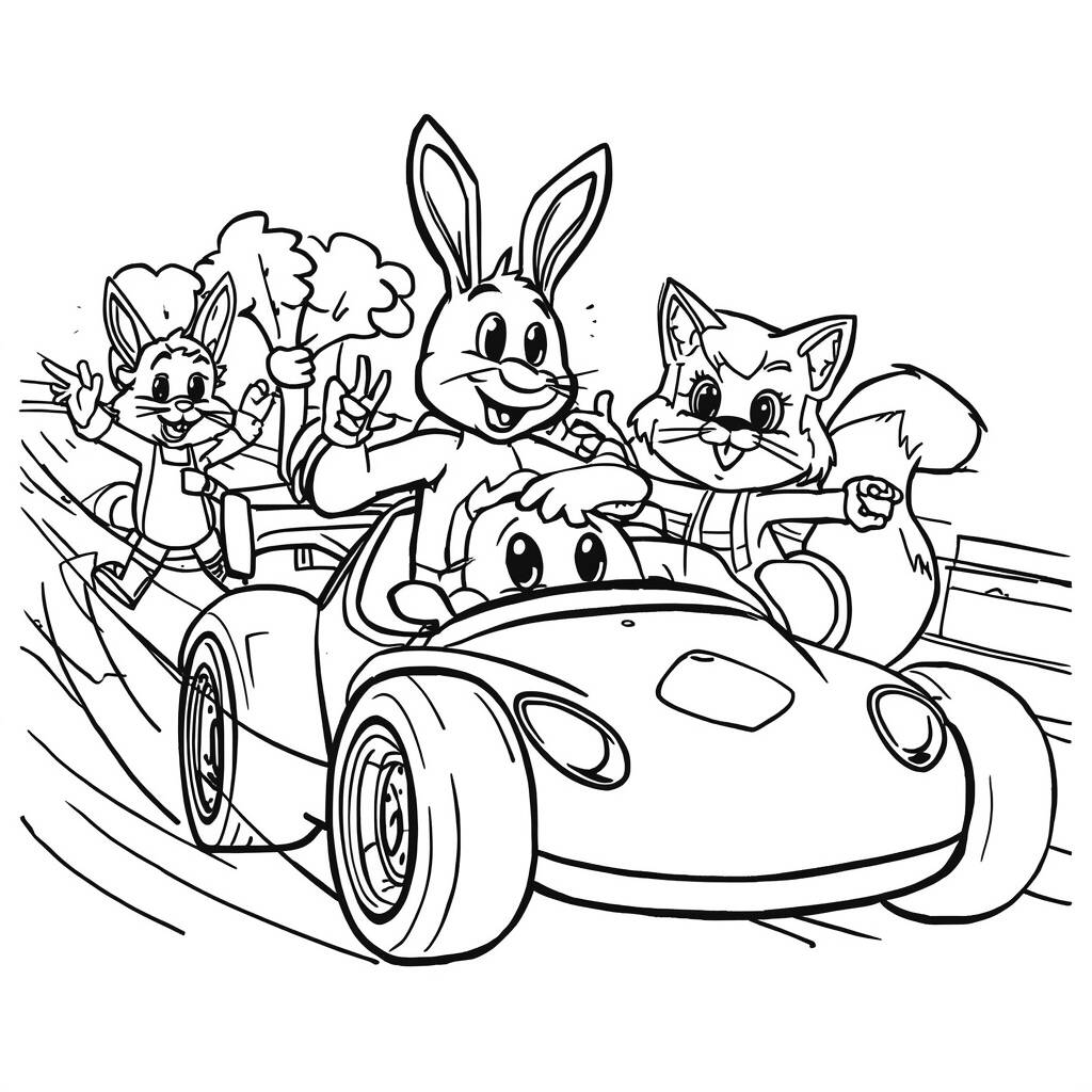 Carro de corrida e animais (Desenho para Colorir)