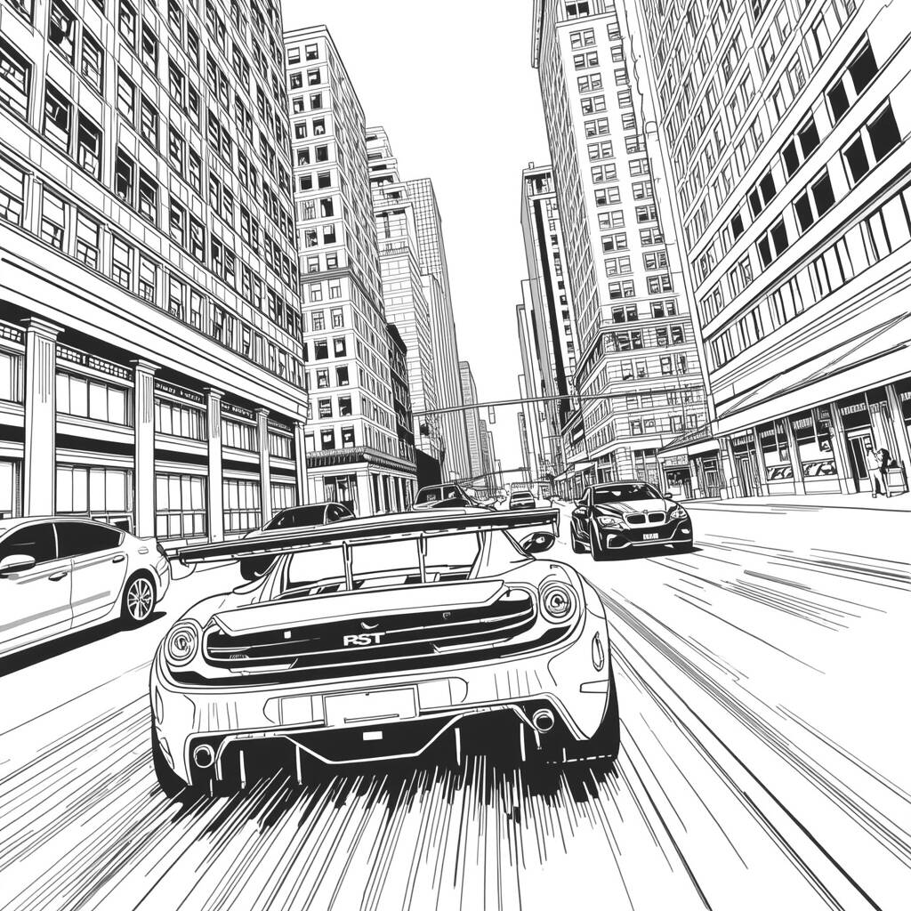 Carro de corrida na cidade (Desenho para Colorir)