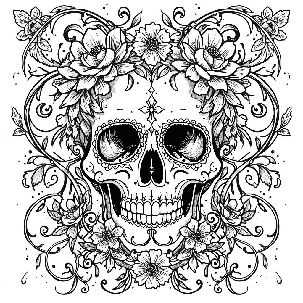 Caveira com Flores (Desenho para Colorir)