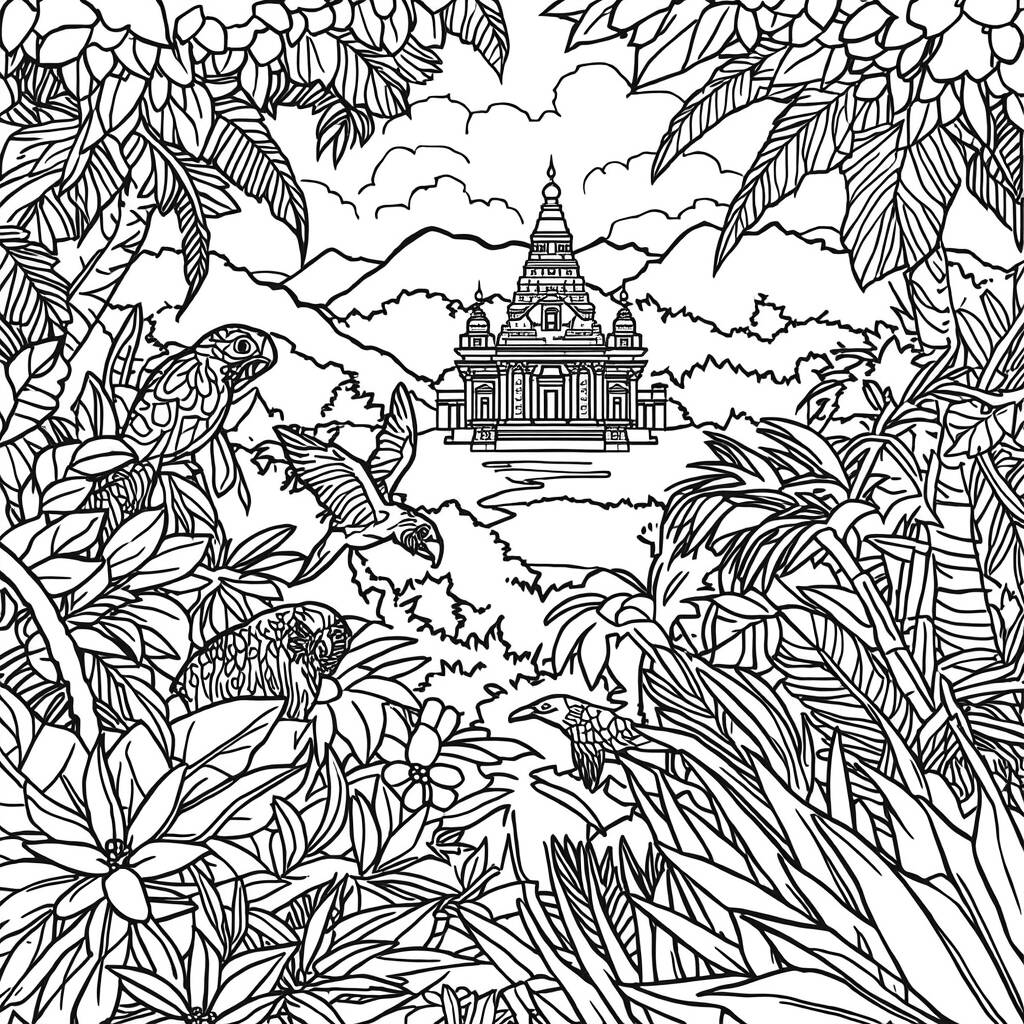 Cenario de Aventura na Selva (Desenho para Colorir)