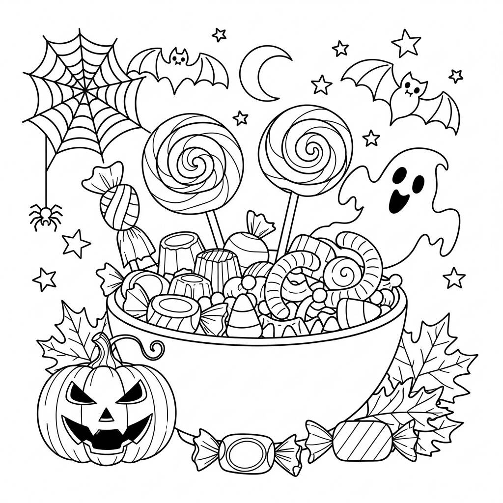 Cenario de Doces de Halloween (Desenho para Colorir)