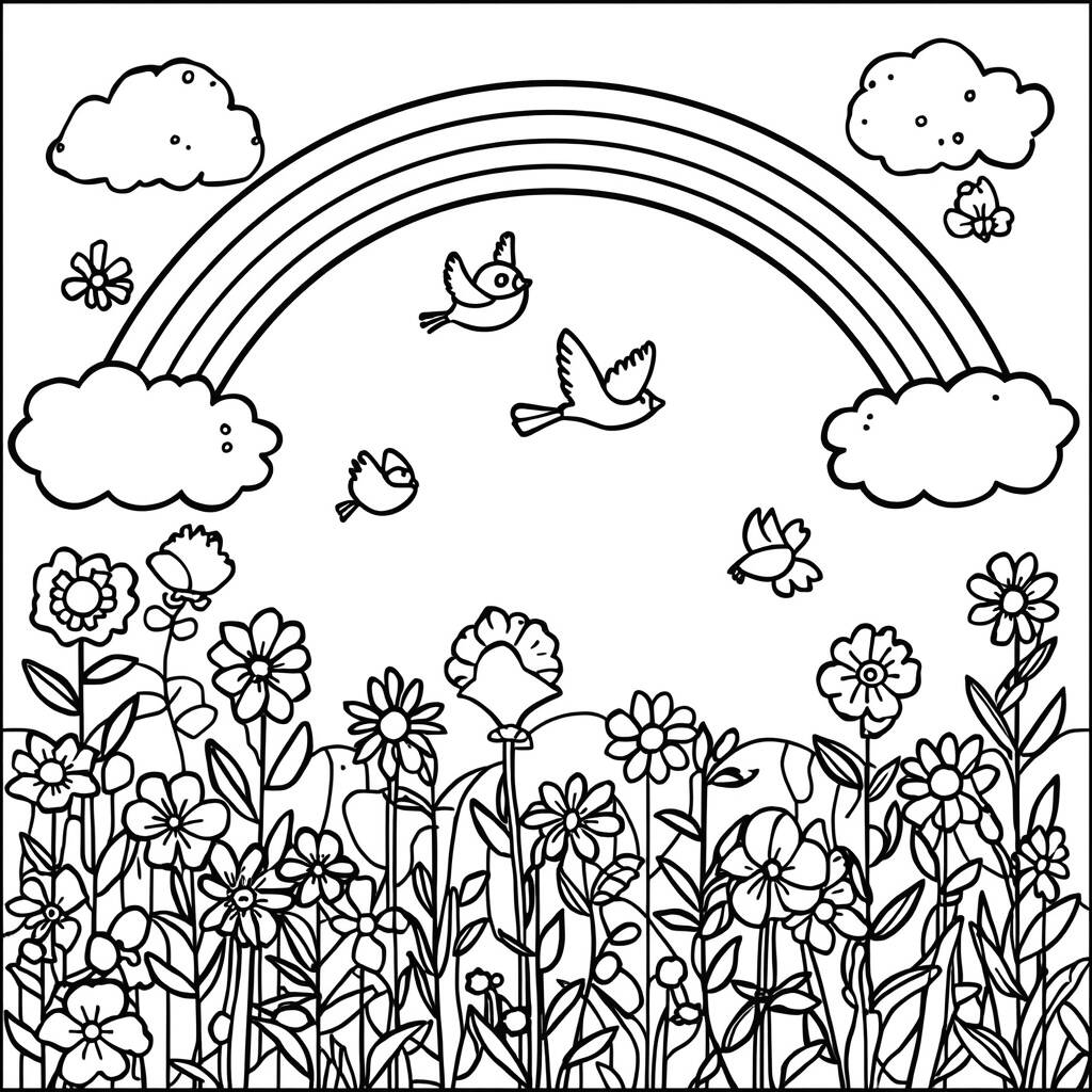 Cenario de Primavera Alegre (Desenho para Colorir)