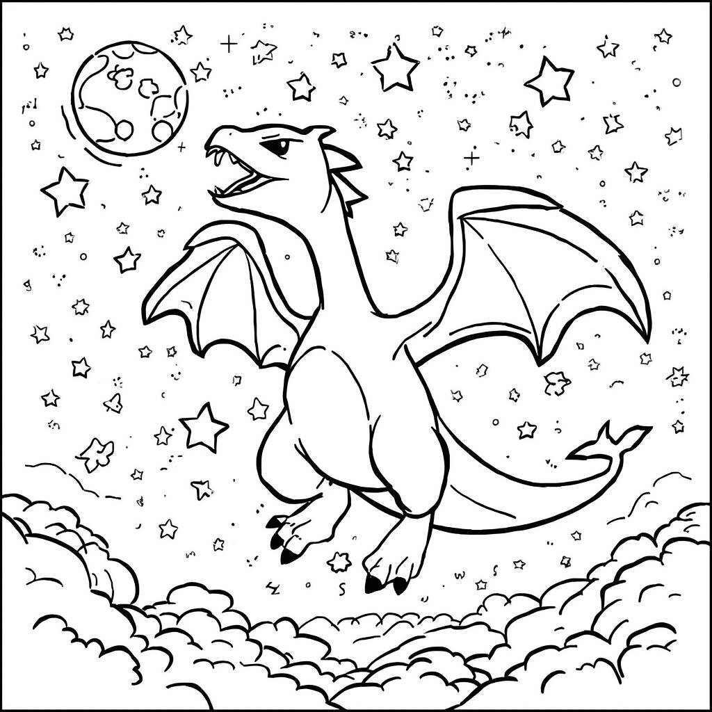 Charizard e Estrelas (Desenho para Colorir)