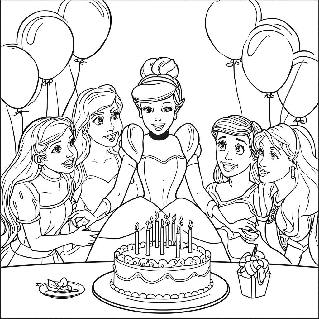 Cinderela e Festa de Aniversario (Desenho para Colorir)