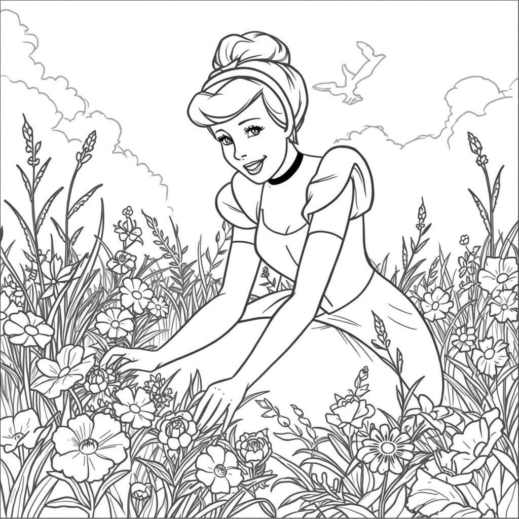 Cinderela e Flores (Desenho para Colorir)