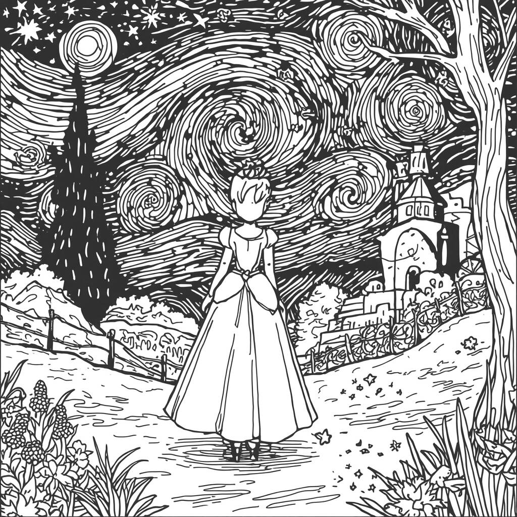 Cinderela e Noite Estrelada (Desenho para Colorir)