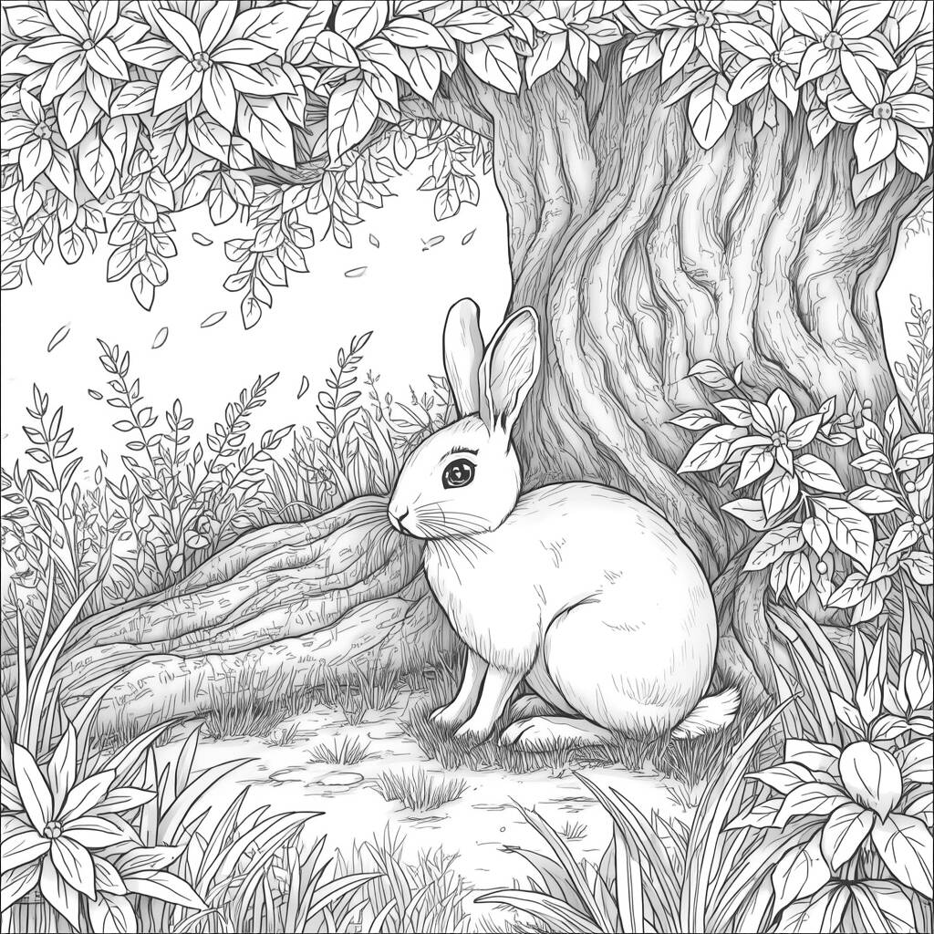 Coelho Realista na Floresta (Desenho para Colorir)