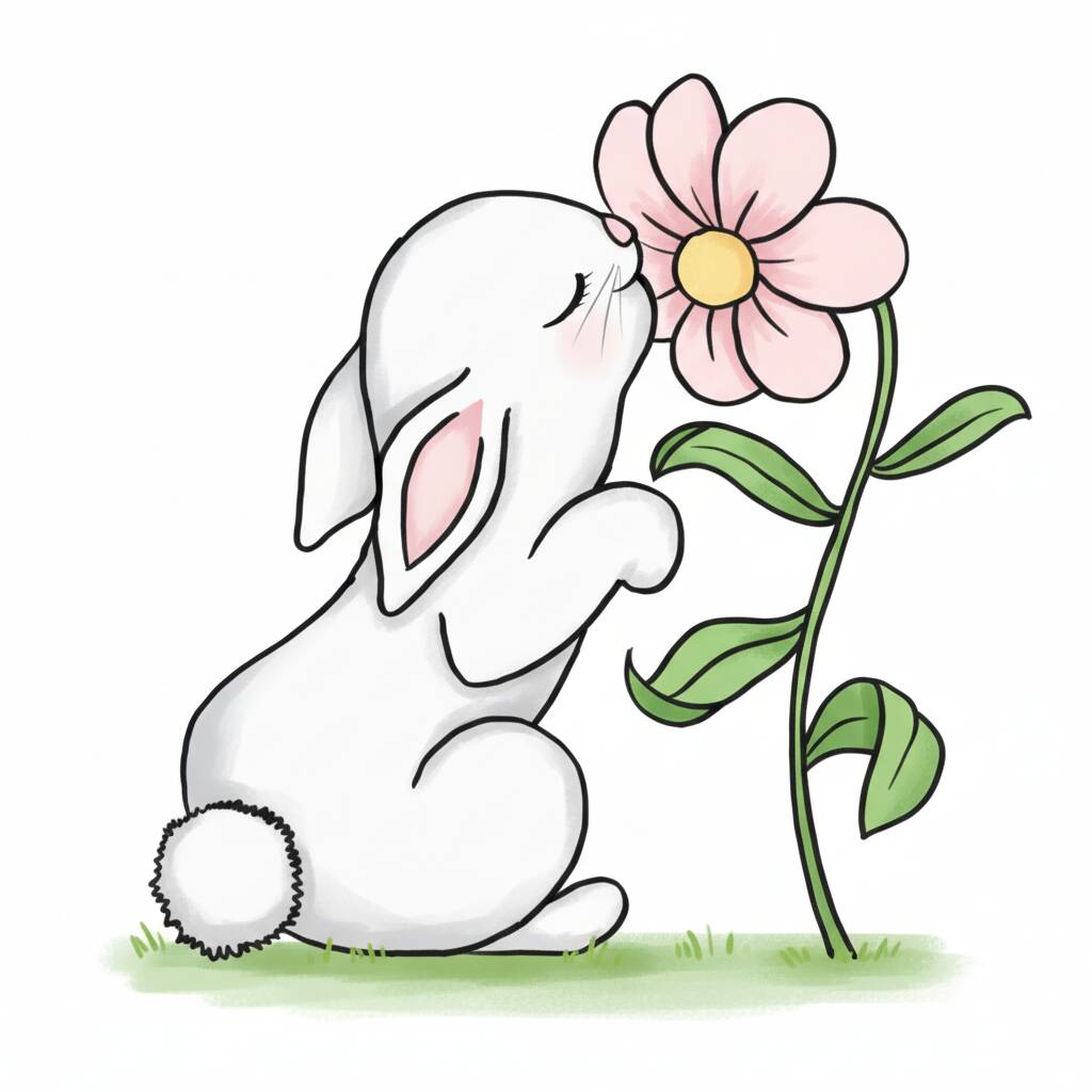 Coelho adorável cheirando uma flor em um desenho fácil