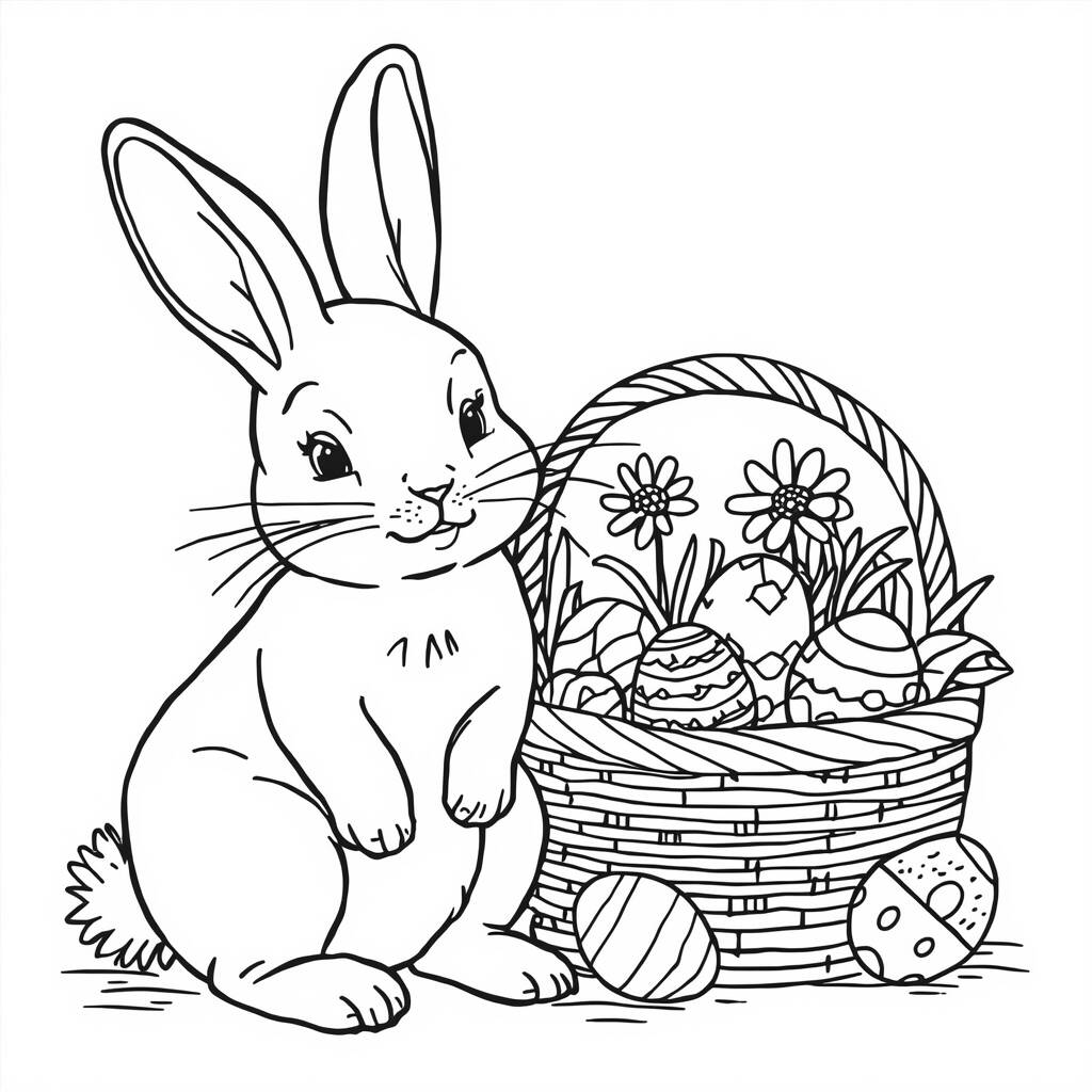 Coelho da Pascoa e Cesta (Desenho para Colorir)