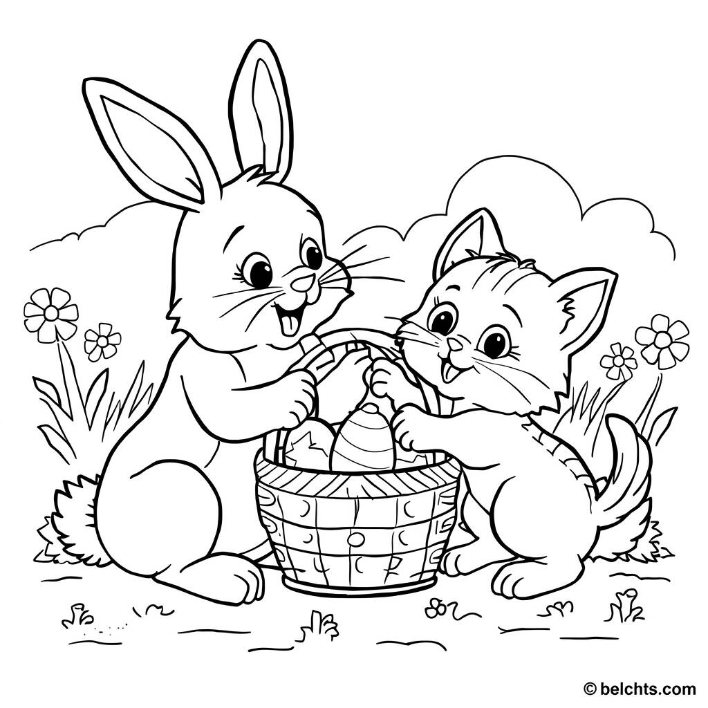Coelho da Pascoa e Gato (Desenho para Colorir)