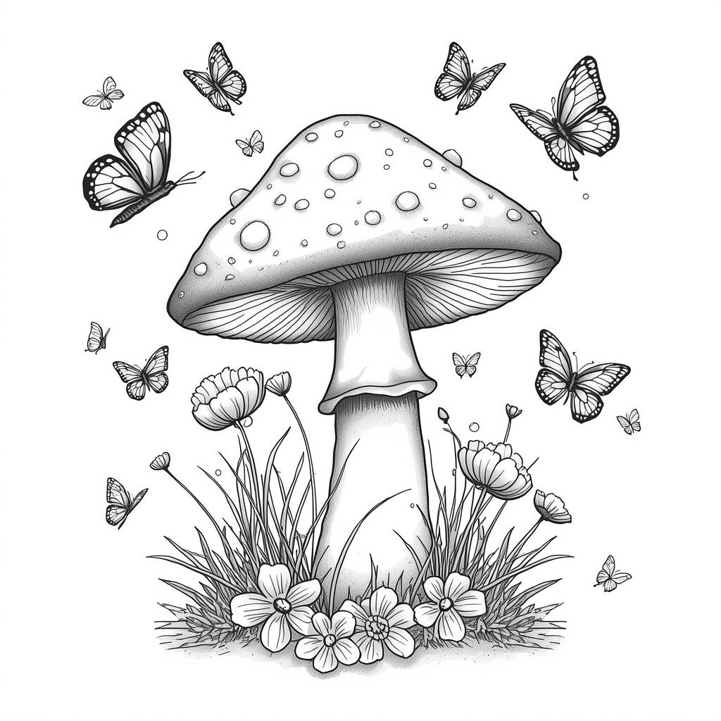 Cogumelo e Borboletas (Desenho para Colorir)