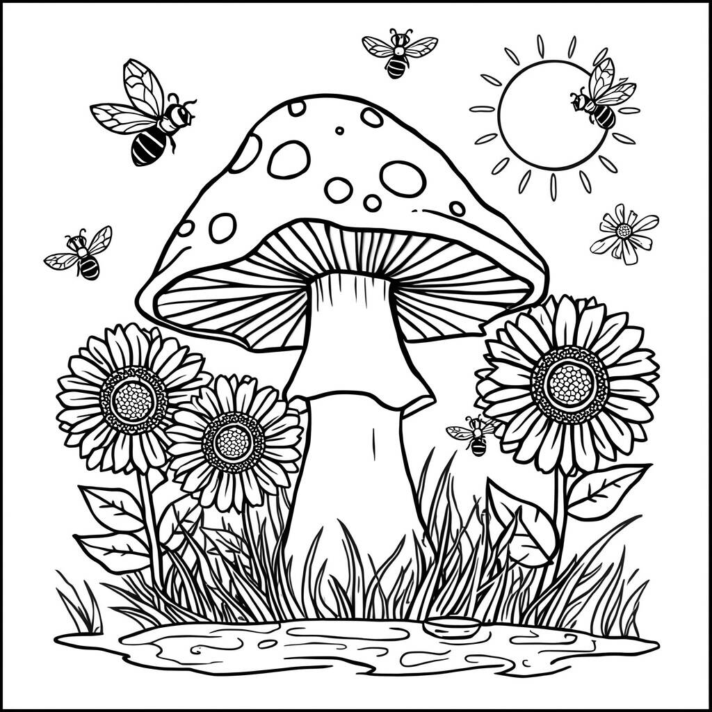 Cogumelo e Cenas de Verao (Desenho para Colorir)
