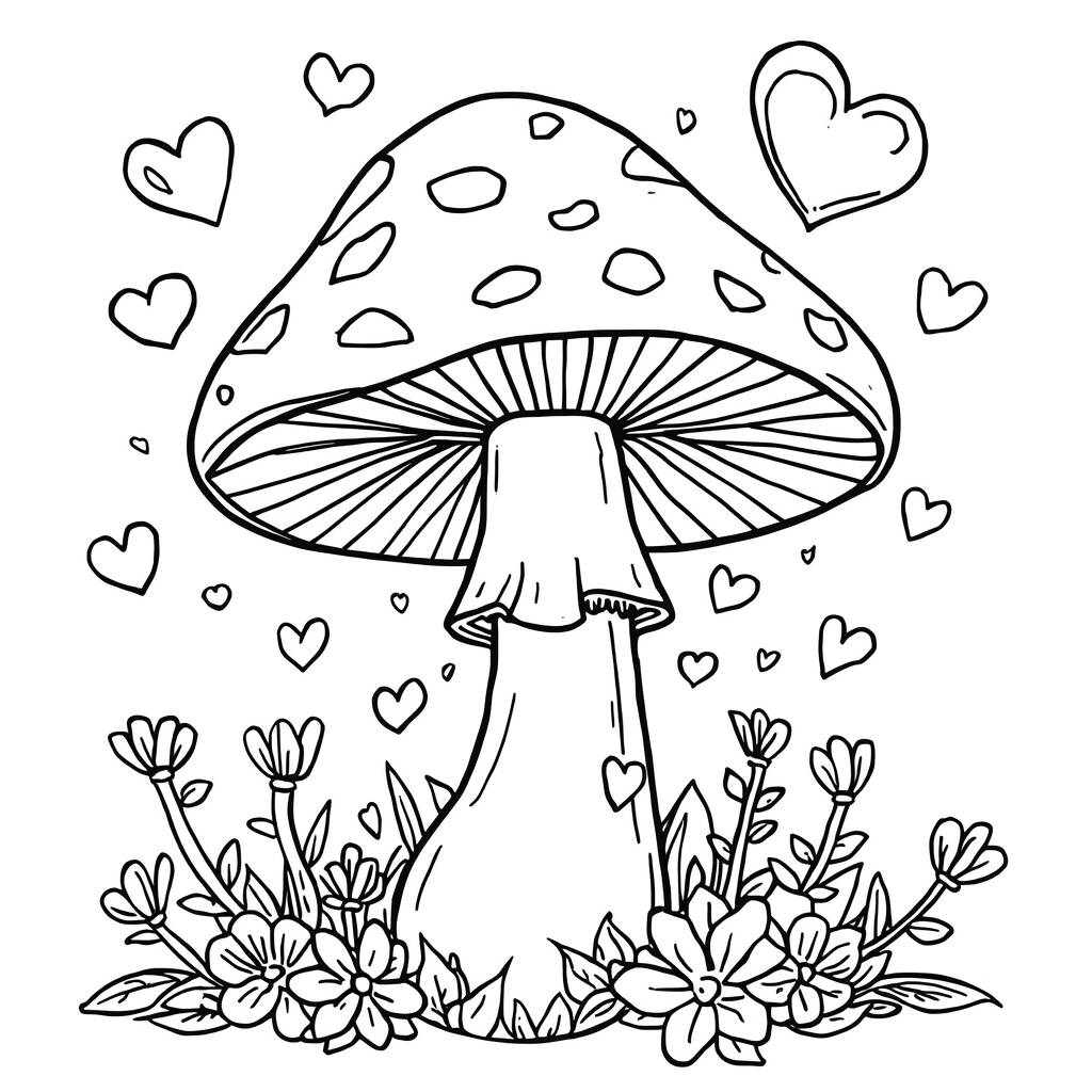 Cogumelo e Coracoes (Desenho para Colorir)