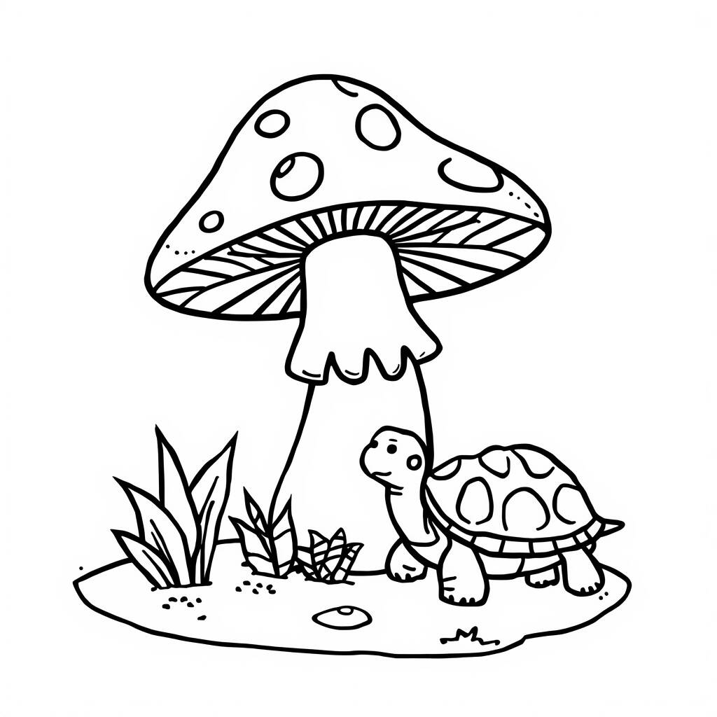 Cogumelo e Tartarugas (Desenho para Colorir)