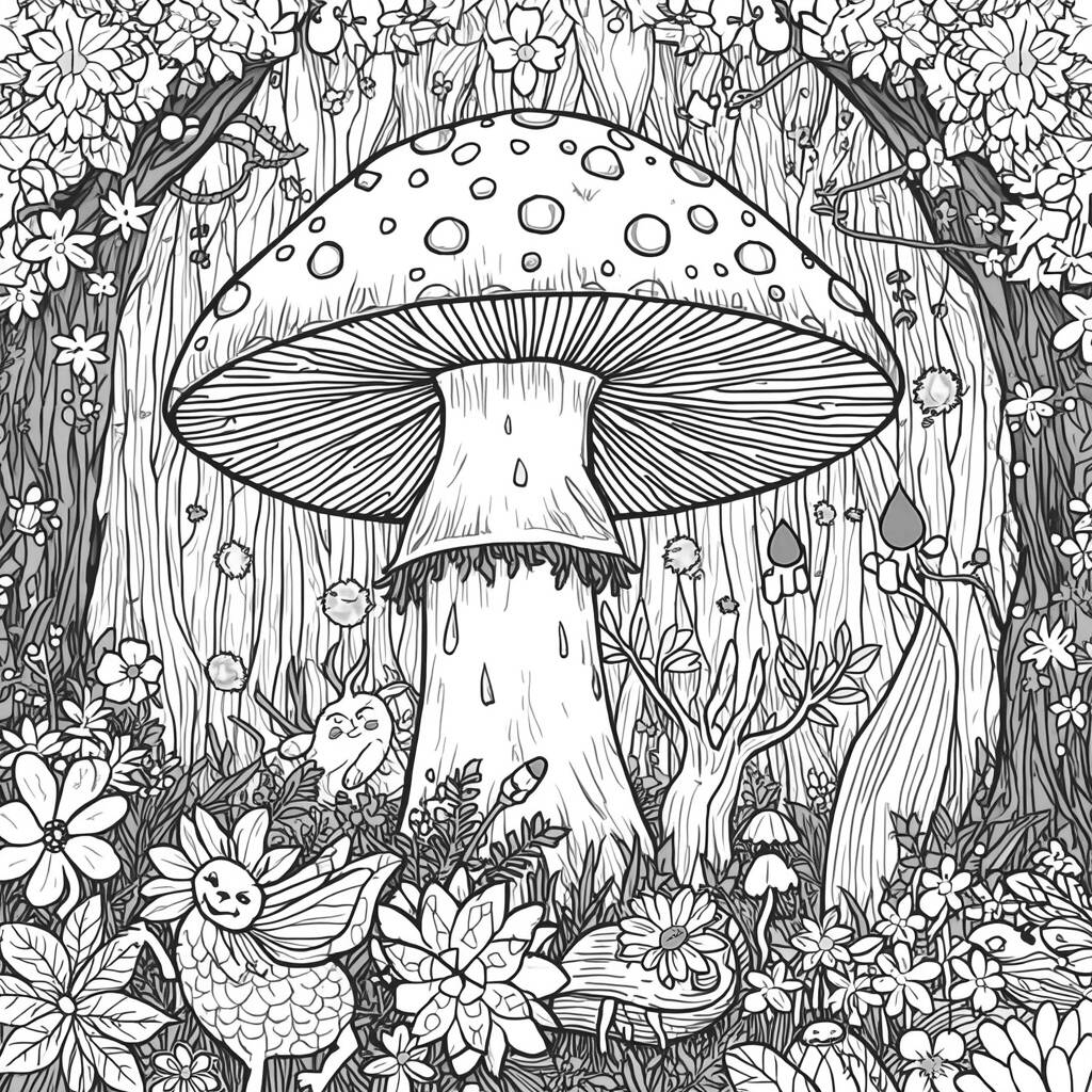 Cogumelo em Floresta Encantada (Desenho para Colorir)