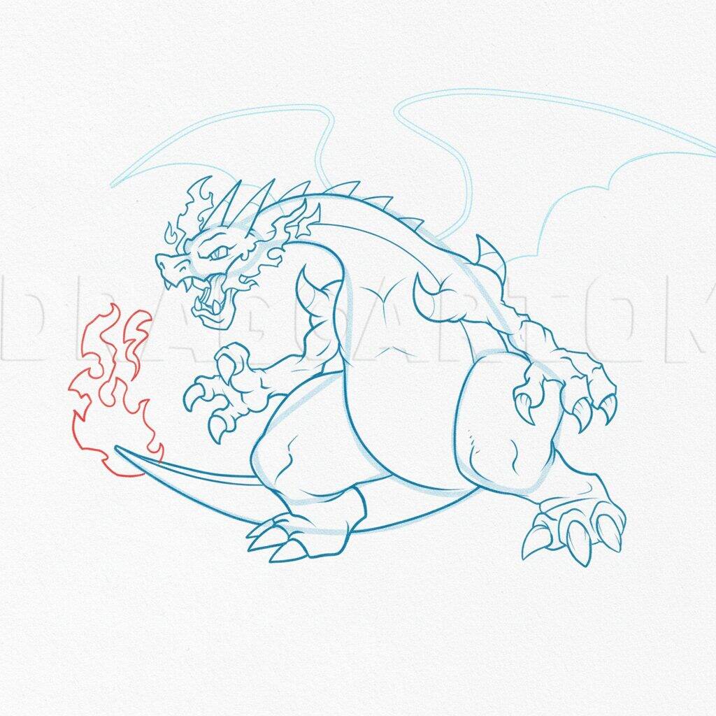 Como Desenhar o Mega Charizard – Tutorial de desenho Passo a Passo – Passo 12