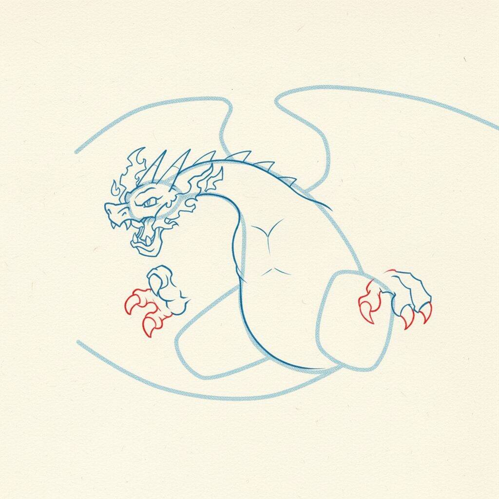 Como Desenhar o Mega Charizard – Tutorial de desenho Passo a Passo – Passo 7