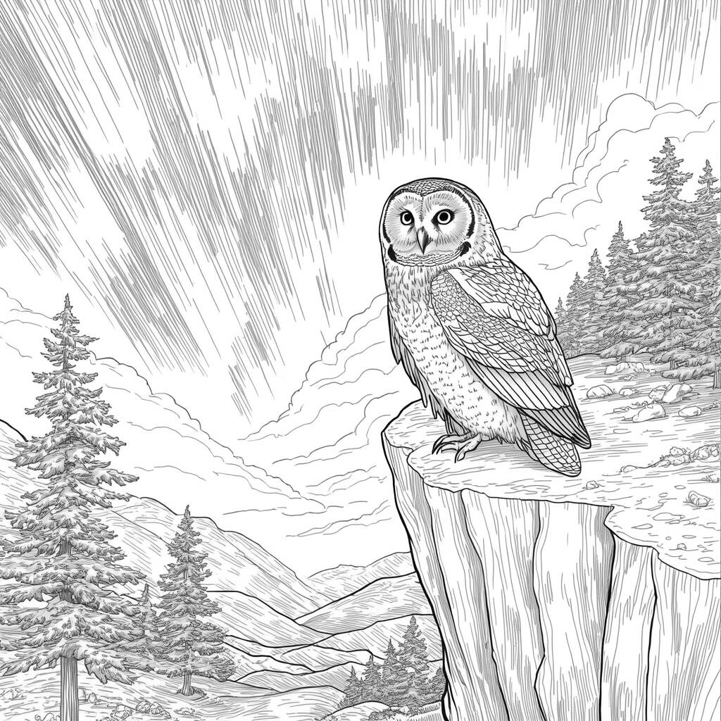 Coruja e a Aurora Boreal (Desenho para Colorir)