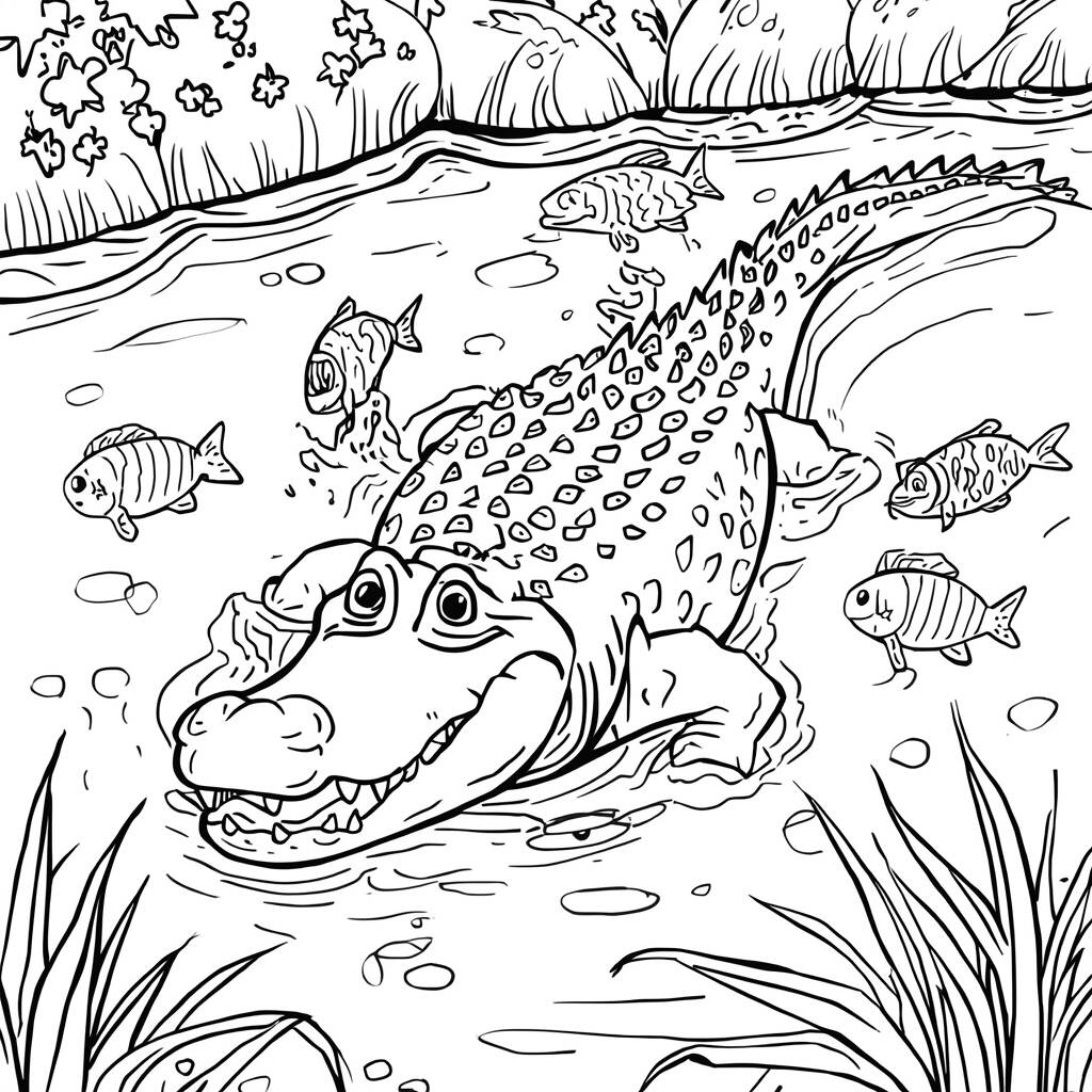 Crocodilo e Peixes (Desenho para Colorir)