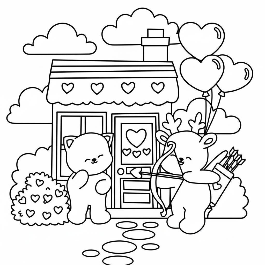 Desenho Cozy Friends com corações para colorir
