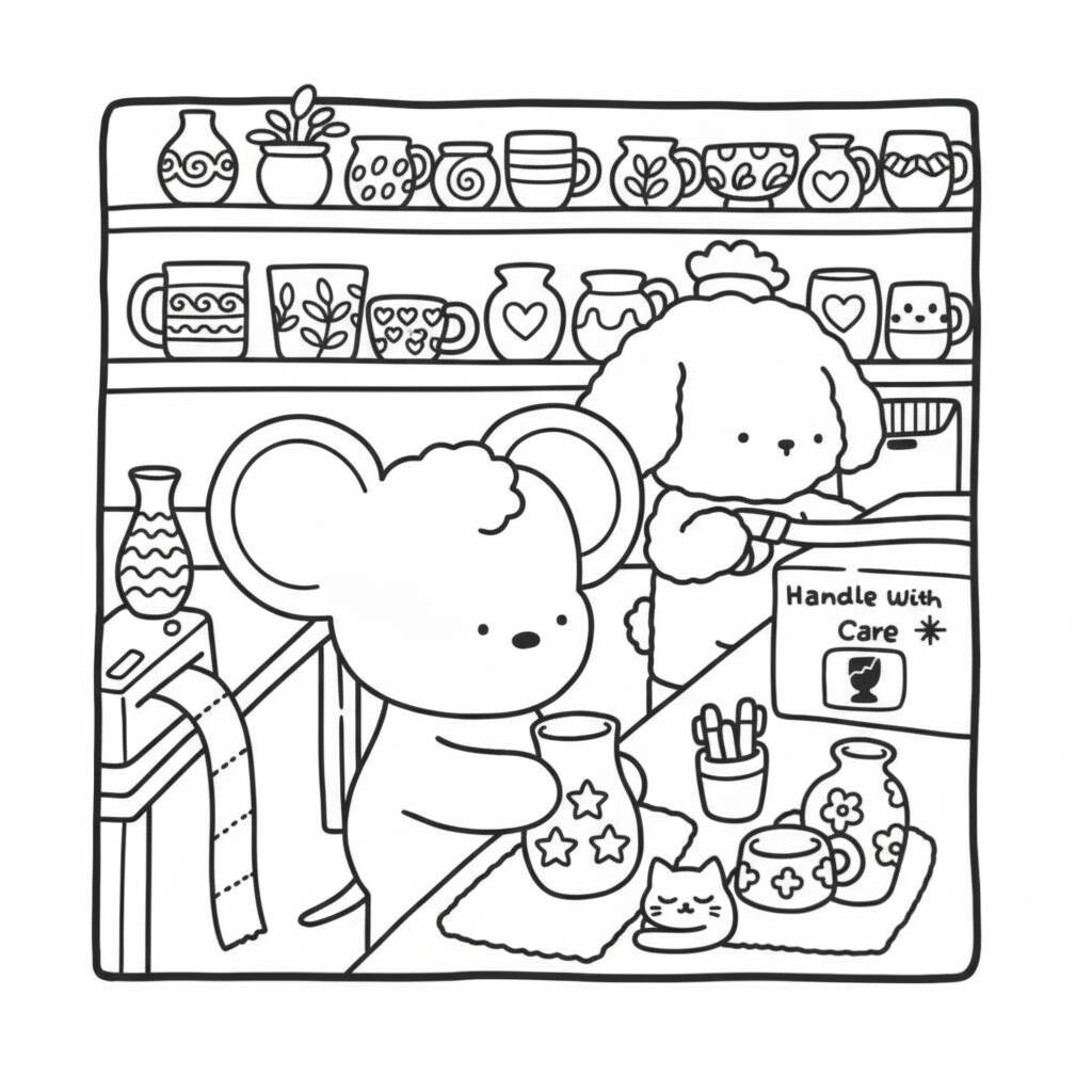 Desenho Cozy Friends na cozinha para colorir