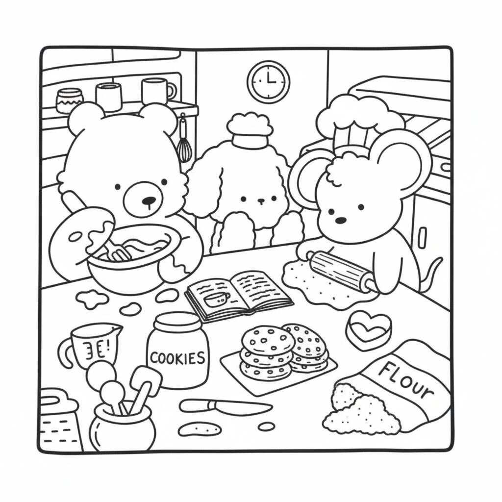 Cozy Friends in the kitchen coloring page